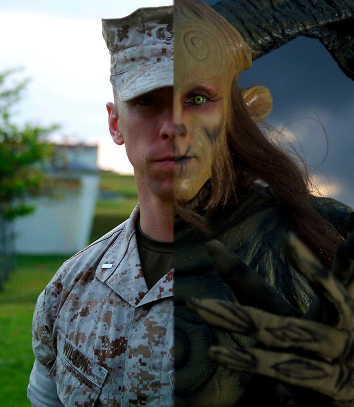 In both sides of the photo appears Scott T. Wilson, a native of Orlando, Fla. On the left he is as he appears now, a Marine first lieutenant and comptroller with the Command Element, 31st Marine Expeditionary Unit, while on the right he appears as the character “Pan” in an audition photo for Cirque Du Soleil. Wilson was an accomplished stunt actor and performer who worked in films, television and theme parks before joining the Marines in 2011. 