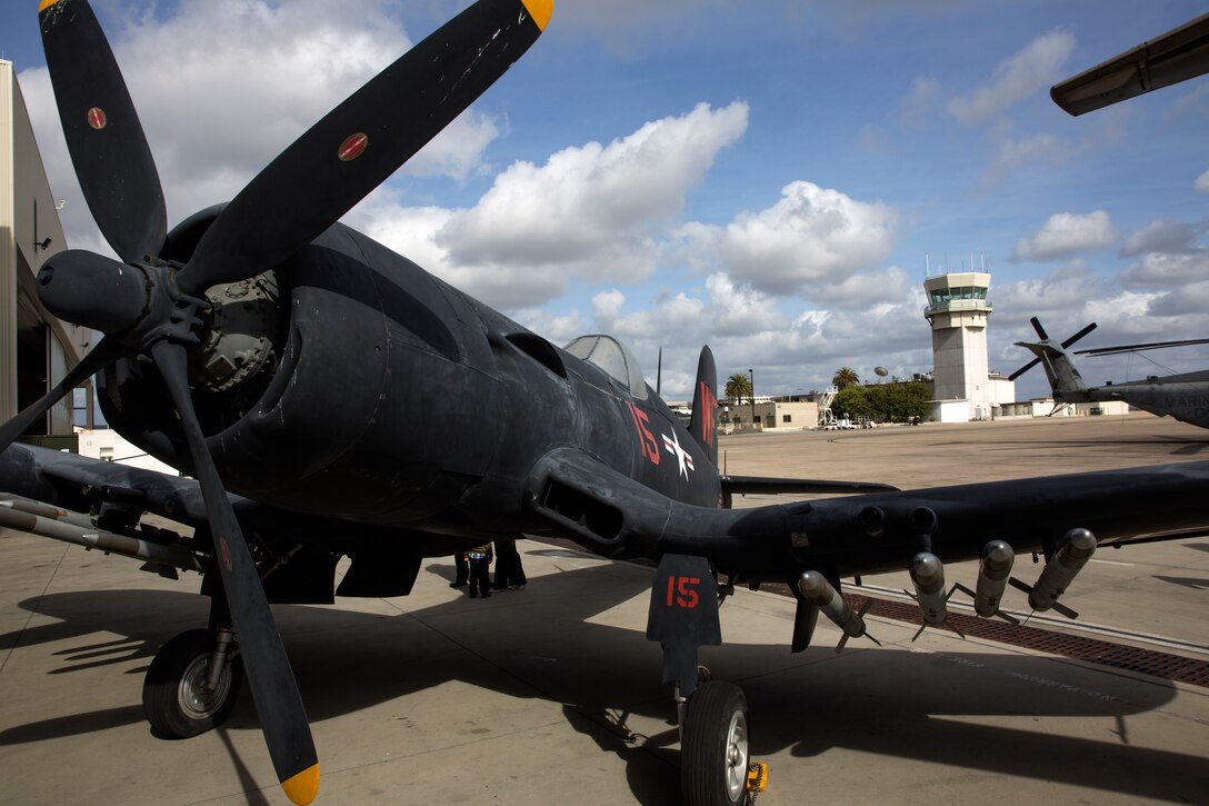 A Chance Vought F4U Corsair is displayed during the 70th anniversary celebration of Marine Heavy Helicopter Squadron 462 aboard Marine Corps Air Station Miramar, Calif., April 26. The squadron displayed the Corsair to show what its capabilities were when it first began in 1944.