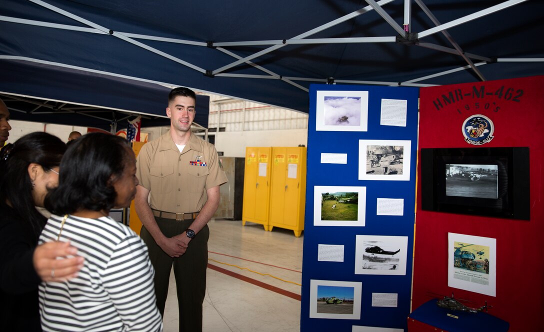 Cpl. Todd Gildersleeve, aviation technician and aerial observer with Marine Heavy Helicopter Squadron (HMH) 462, gives a small lesson on the squadron’s history in the 1950s during the 70th anniversary celebration of HMH-462 aboard Marine Corps Air Station Miramar, Calif., April 26. Gildersleeve says he enjoys learning more about his squadron’s history because it gives him added pride in his job.