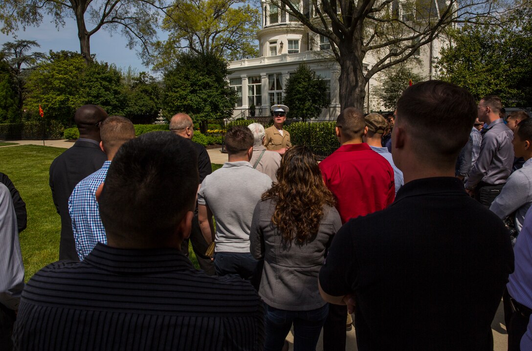 Marines throughout the 3rd Marine Aircraft Wing attend a tour at Marine Barracks Washington, D.C., during a Committed and Engaged Leadership Seminar, April 25. The Marines also visited the National Mall, Arlington National Cemetery and the National Museum of the Marine Corps.  