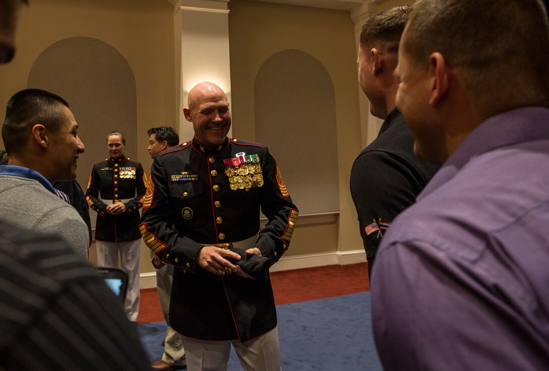 Sgt. Maj. Micheal Barrett, sergeant major of the Marine Corps, speaks with Marines from the 3rd Marine Aircraft Wing during a visit to Marine Barracks Washington, D.C., as part of a Committed and Engaged Leadership Seminar in Washington, D.C., April 25. Marines came from Marine Corps Air-Ground Combat Center Twentynine Palms, Calif., Marine Corps Air Station Yuma, Calif., Marine Corps Air Station Camp Pendleton, Calif., and Marine Corps Air Station Miramar, Calif. 