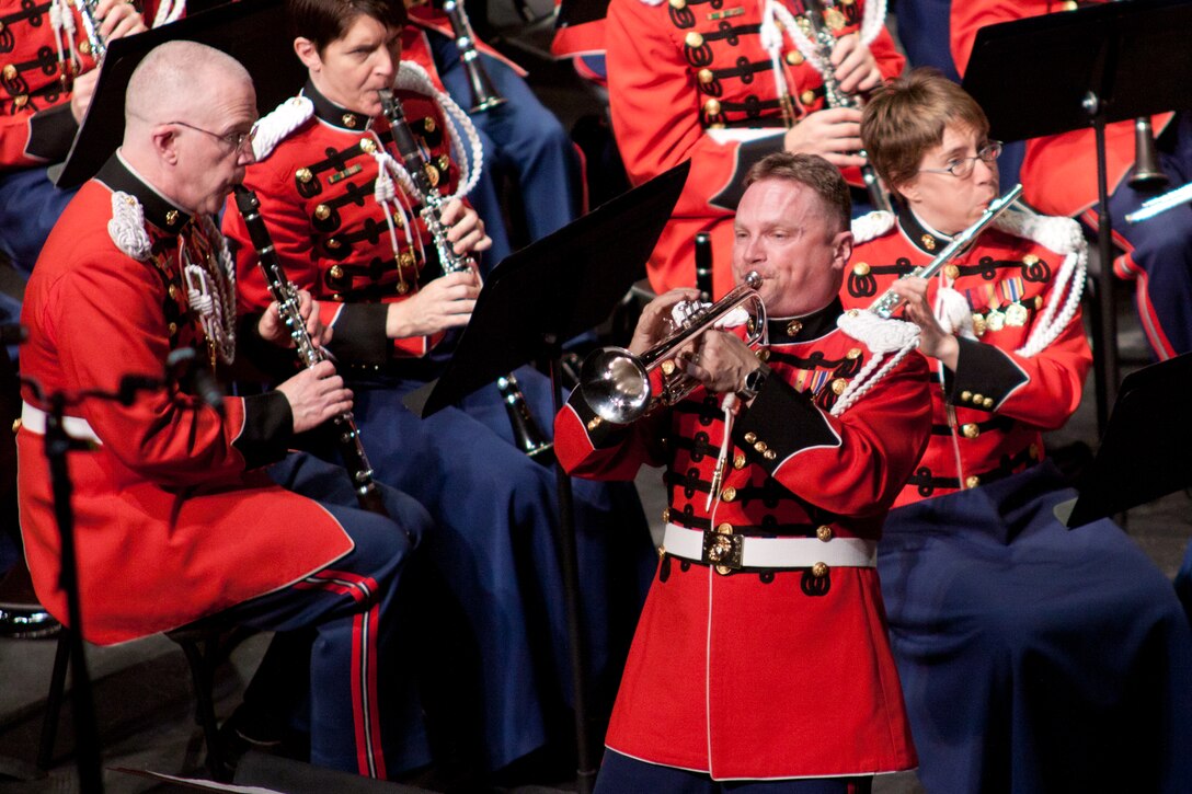 Master Sgt. Christian Ferrari performs a medley of tunes paying tribute to jazz trumpeter Harry James at the Bowie Center for the Performing Arts.(U.S. Marine Corps photo by Staff Sgt. Brian Rust/released)