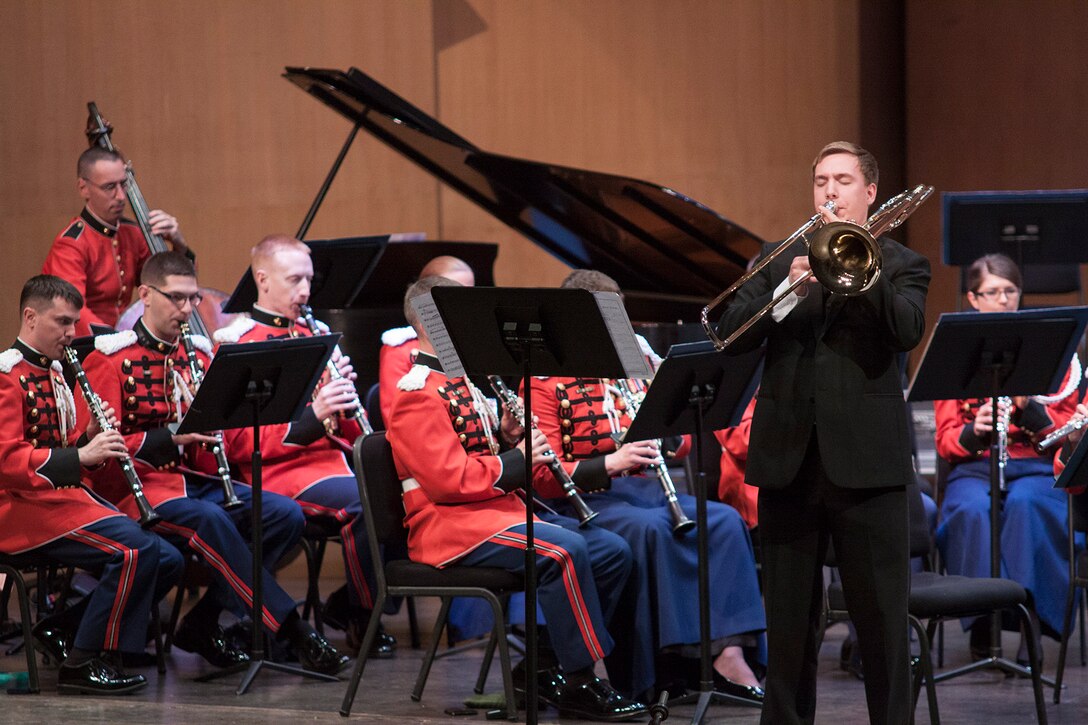 Trombonist Isaac Johnson of Pine Island, Minn., the 2014 Marine Band Concerto Competition Winner, performs select movements from Henri Tomasi's Trombone Concerto at Rachel M. Schlesinger Concert Hall and Arts Center.(U.S. Marine Corps photo by Staff Sgt. Brian Rust/released)