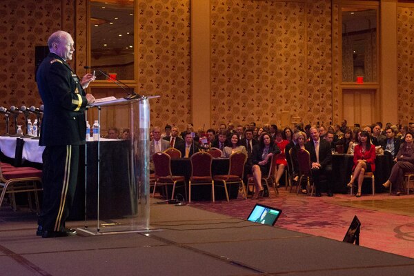 Army Gen. Martin E. Dempsey, chairman of the Joint Chiefs of Staff, addresses the audience during a military symposium for America’s Future Series in Dallas, April 26, 2014.