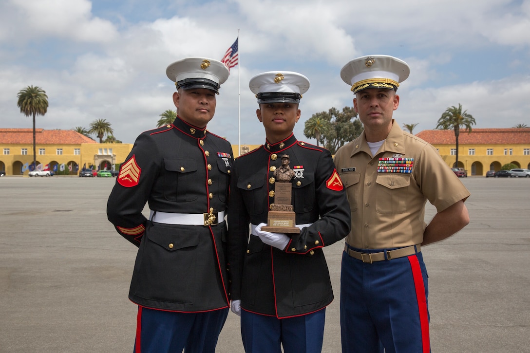 U.S. Marine Corps Lance Cpl. Nicko Salem, a native of Saipan, earns the title of company honorman for Company M at Marine Corps Recruit Depot San Diego, on April 25, 2014. Salem excelled over his peers in various tests of physical and mental challenges that he faced during boot camp.
