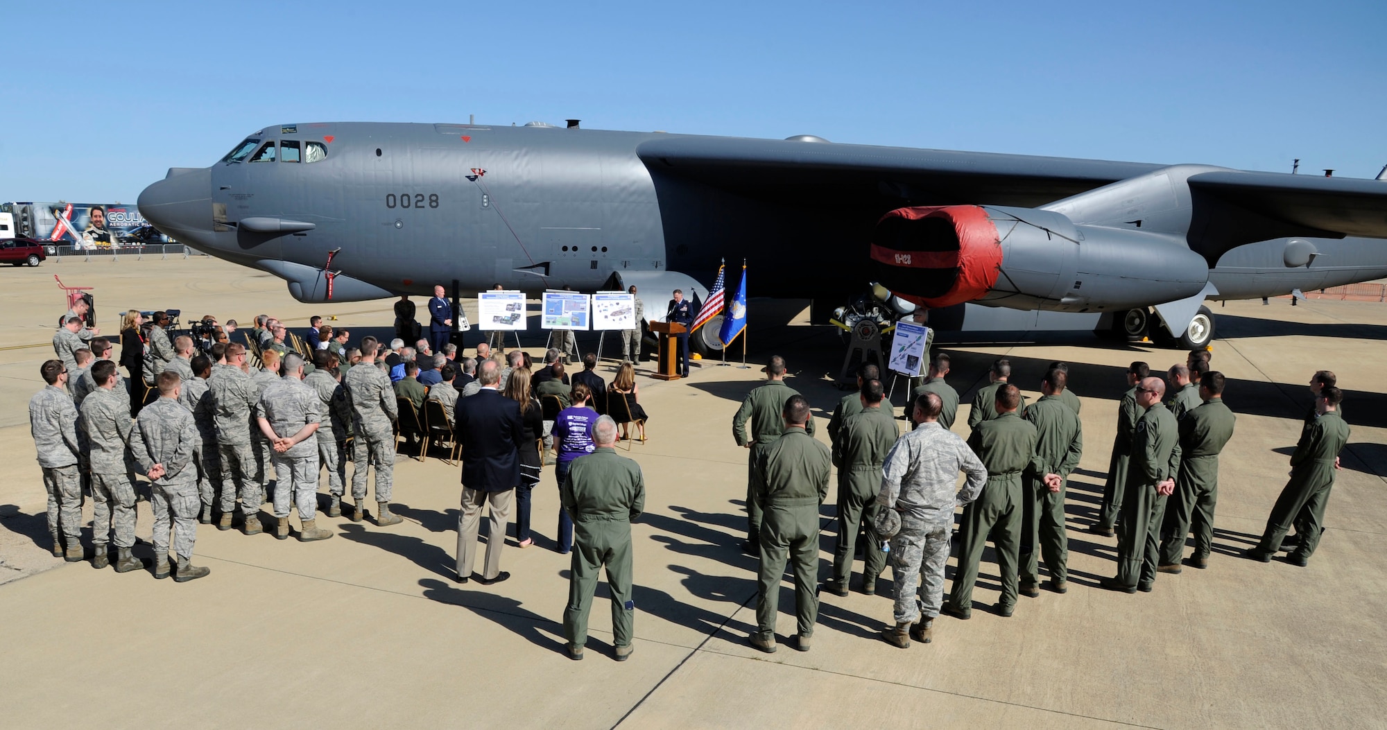 Barksdale Air Force Base members attend a ceremony in recognition of a B-52H Stratofortress returning from Tinker Air Force Base, Okla., April 25, 2014, on the flightline at Barksdale Air Force Base, La. The B-52 is the first of its kind to receive a new Combat Network Communications Technology system, complete with state of the art displays, servers and communications uplinks. (U.S. Air Force photo/Senior Airman Joseph A. Pagán Jr.)