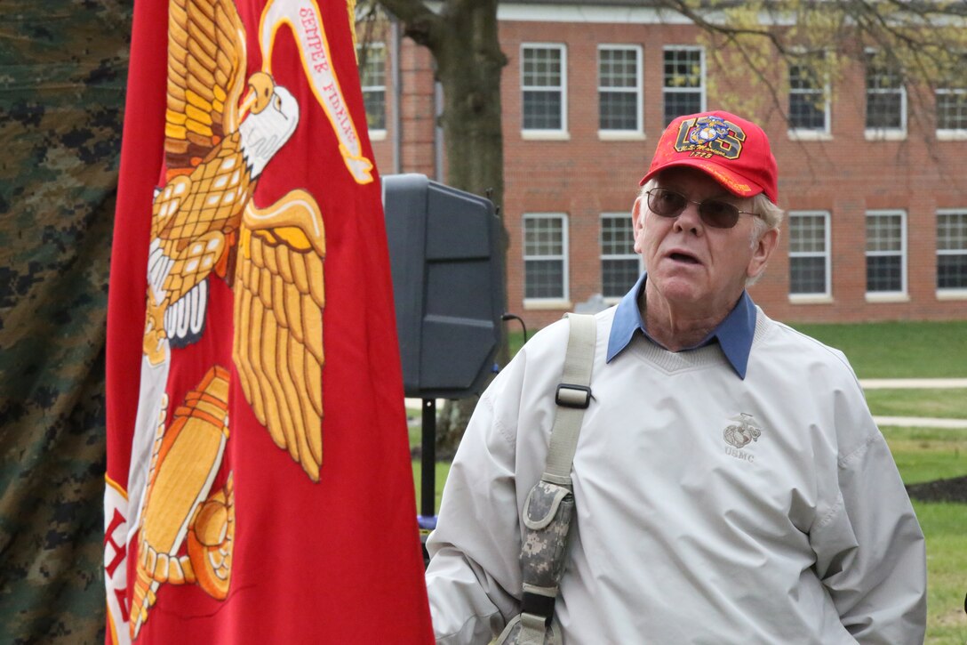 Donnie Shearer, retired gunnery sergeant and photographer, looks at the 6-67 Memorial at The Basic School on April 25, 2014. Shearer took the photo that was used on the memorial. 