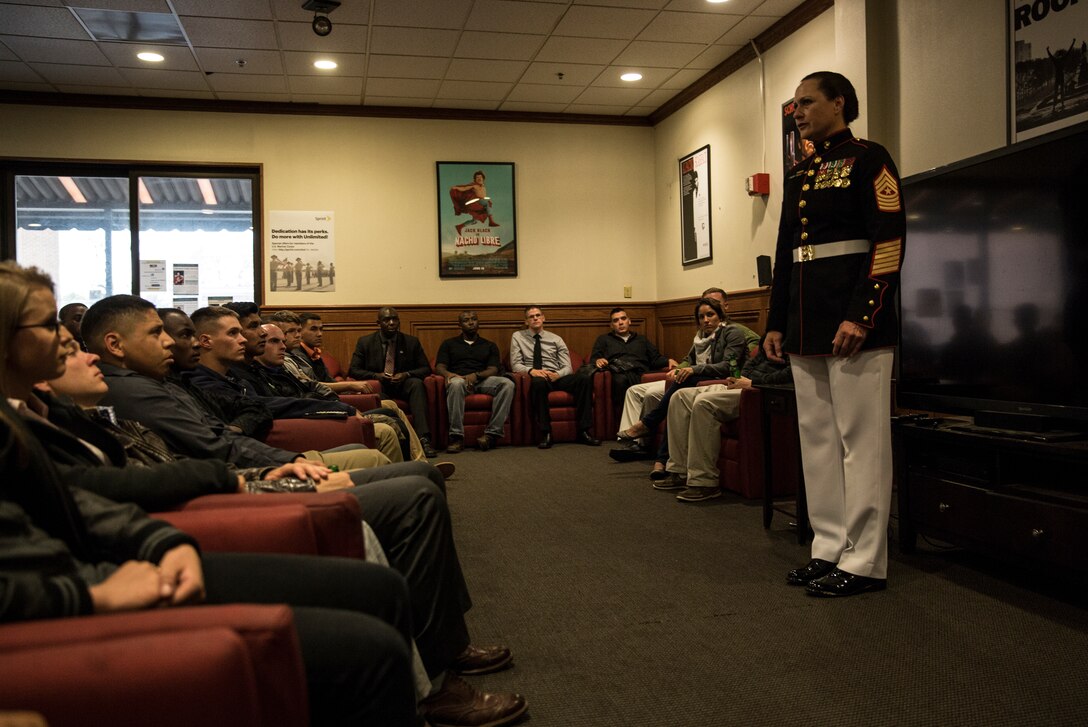 Sgt. Maj. Angela Maness, sergeant major of Marine Barracks Washington, D.C., talks to Marines from the 3rd Marine Aircraft Wing during a visit to Marine Barracks Washington as part of a Committed and Engaged Leadership Seminar, April 25. The Marines came from Marine Corps Air-Ground Combat Center Twentynine Palms, Calif., Marine Corps Air Station Yuma, Ariz., Marine Corps Air Station Camp Pendleton, Calif., and Marine Corps Air Station Miramar, Calif.