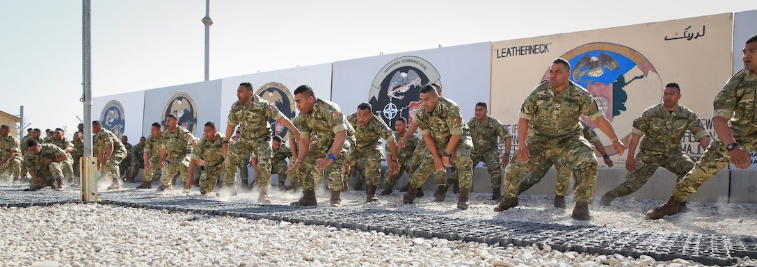 Royal Tongan Marines assigned to Tranche 7, the seventh and final rotational contingent of Royal Tongan Marines to Afghanistan, participate in a "haka," a ceremonial dance, during a flag lowering ceremony aboard Camp Leatherneck, Helmand province, Afghanistan, April 28, 2014. The lowering of the flag symbolizes the end of the Kingdom of Tonga's participation in Operation Enduring Freedom and return to their homeland.
(Official U.S. Marine Corps photo by Lance Cpl. Darien J. Bjorndal, Marine Expeditionary Brigade Afghanistan/ Released)