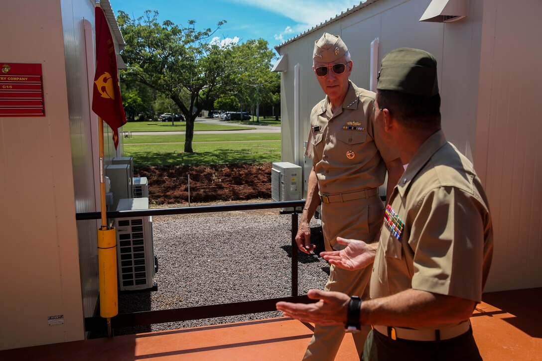 Adm. Samuel J. Locklear, commander of U.S. Pacific Command, and Lt. Col. Matthew Puglisi, officer-in-charge of Marine Rotational Force – Darwin, walk together aboard Robertson Barracks, April 16. Locklear toured the facilities at Royal Australian Air Force’s Base Darwin and Robertson Barracks and met with Marines attached to MRF-D.


