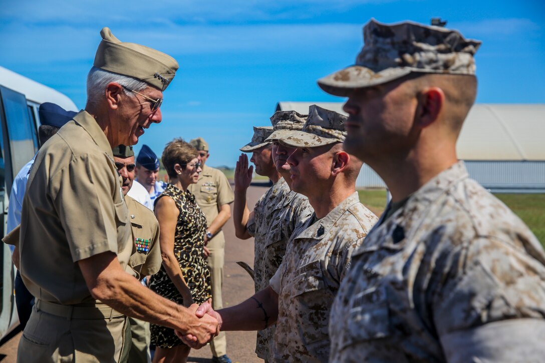 Adm. Samuel J. Locklear, commander of U.S. Pacific Command, shakes Sgt. Maj. Rogelio De Leon‘s hand aboard Royal Australian Air Force’s Base Darwin, April 16. Locklear toured the facilities at RAAF and Robertson Barracks and met with Marines attached to MRF-D. Leon is the sergeant major of Marine Rotational Force – Darwin.


