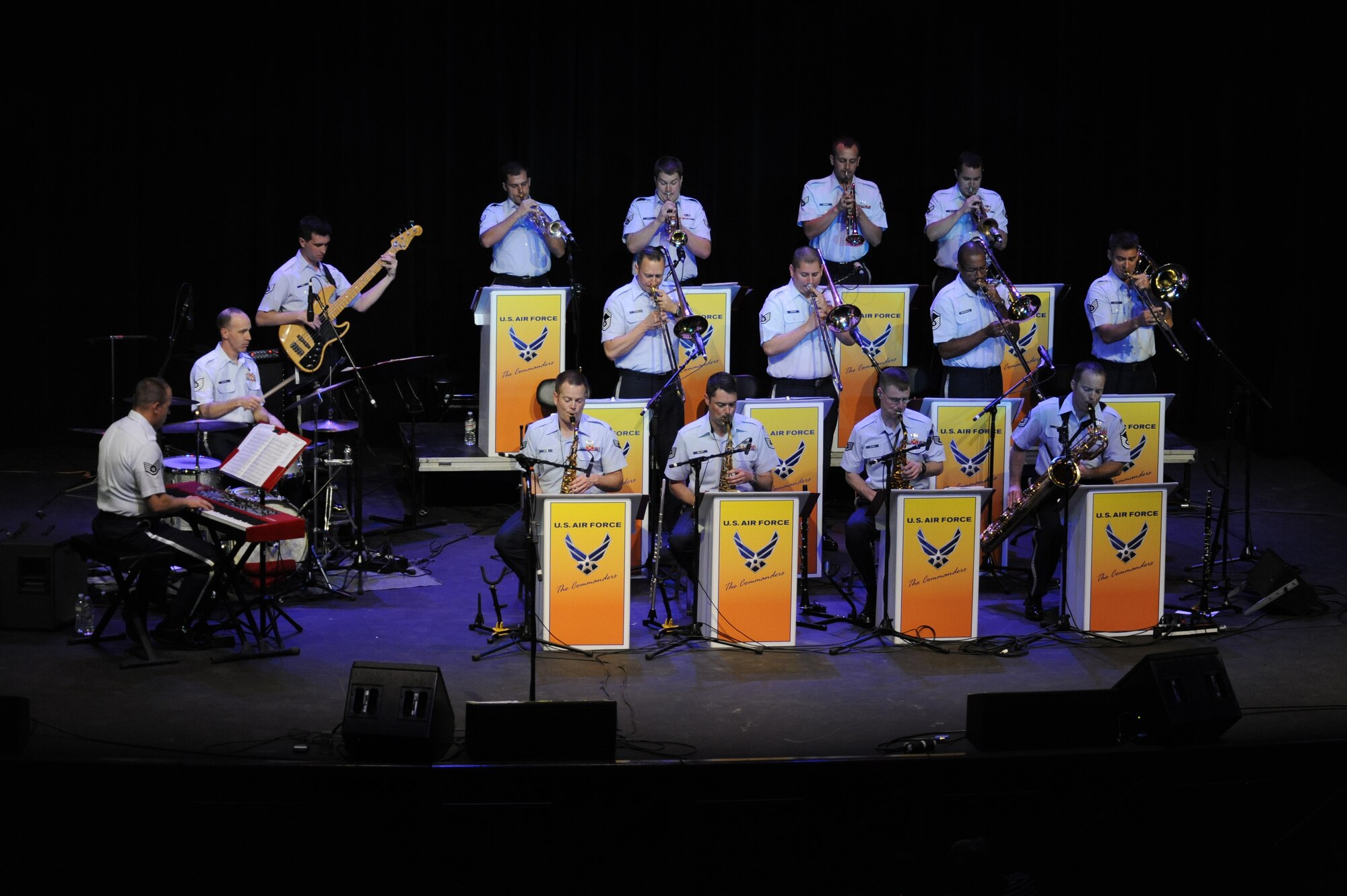 The Commanders Jazz Ensemble plays during a concert at the Fox Tucson Theatre in Tucson, Ariz., April 27, 2014. The ensemble is part of the U.S. Air Force Band of the Golden West, the only active duty Air Force band west of the Rockies. (U.S. Air Force photo by Airman 1st Class Betty R. Chevalier/Released)