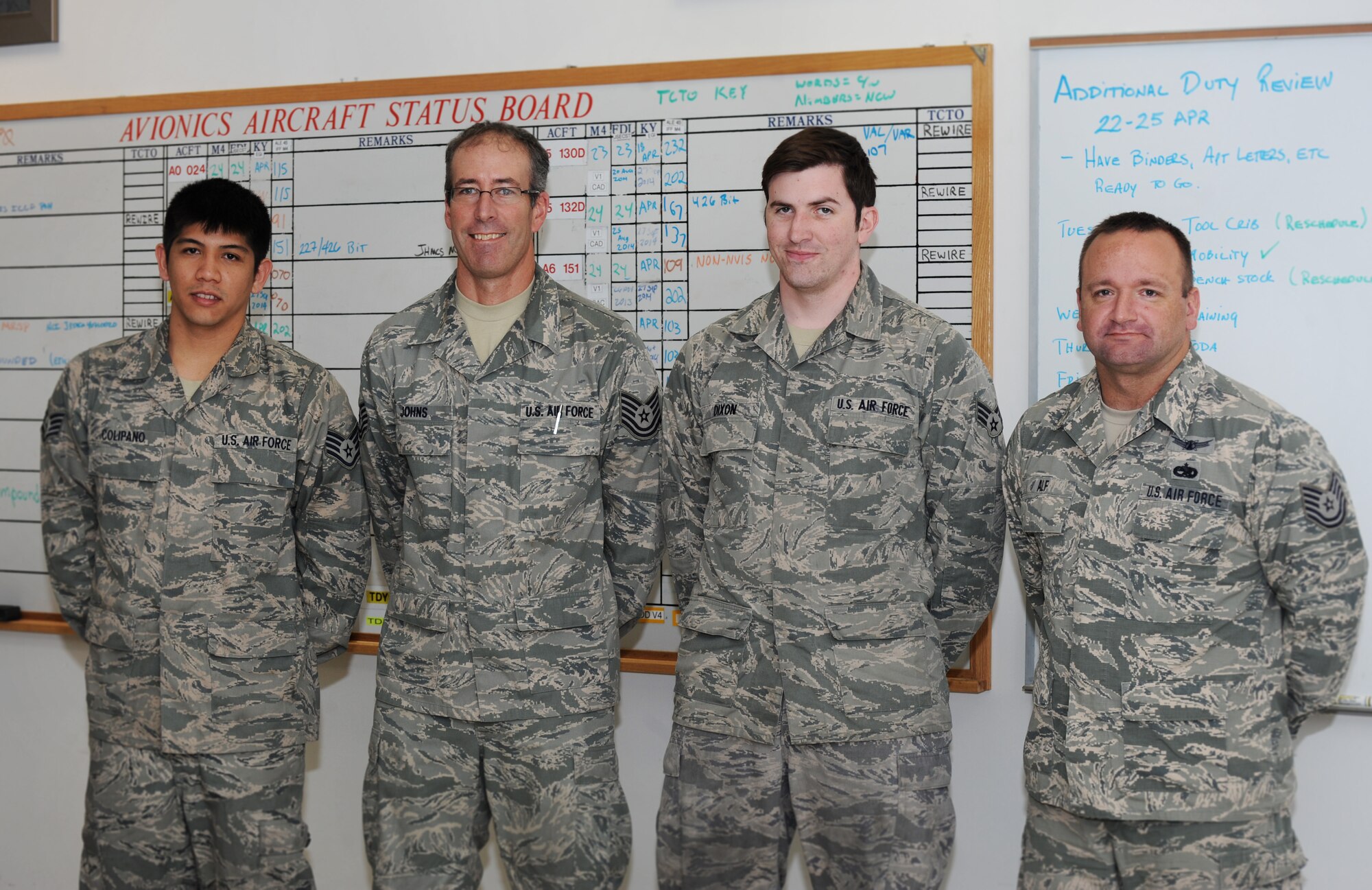 Oregon Air National Guard avionics system specialists, (left to right) Staff Sgt. Bryson Colipano, Tech. Sgt. Matthew Johns, Senior Airman Andrew Dixon and Tech. Sgt. Trevor Alf, were recognized for their hard work on the F-15 Eagle aircraft, during the Combat Shield inspection, April 17-18, at the Portland Air National Guard Base, Ore.  (Air National Guard photo by Tech. Sgt. John Hughel, 142nd Fighter Wing Public Affairs/Released)