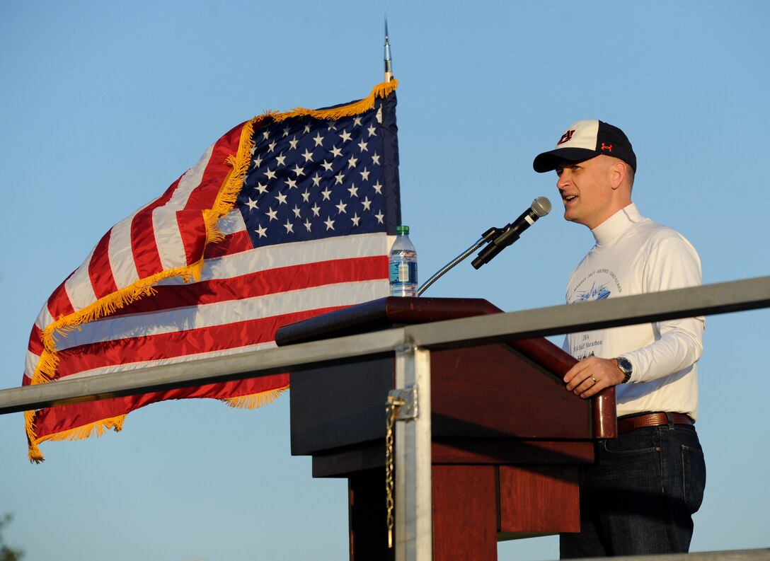 Col. Bill Knight, 11th Wing/Joint Base Andrews commander, gives opening remarks for the second annual Joint Base Andrews Half Marathon on JBA, Md., April 26, 2014. The race was organized by the Andrews Chief’s Group to promote unity between various units and services. (U.S. Air Force photo/Senior Airman Nesha Humes)