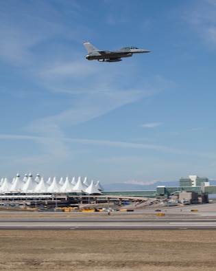 Denver International Airport (DIA) will temporarily host the Colorado Air National Guard F-16s while the runway at Buckley Air Force Base undergoes reconstruction. (Air National Guard photo by SMSgt John Rohrer.)