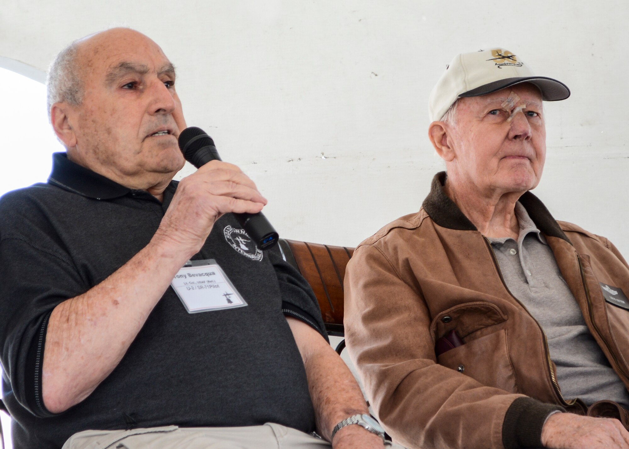 Retired Lt. Col.Tony Bevacqua (left) shares his story as a U-2 and SR-71 pilot during the Cold War. Retired Col. Louis Setter (right) was the U-2 instructor pilot who taught Gary Powers to fly the U-2. Powers was an American pilot whose Central Intelligence Agency U-2 spy plane was shot down while flying a reconnaissance mission over Soviet Union airspace, causing the 1960 U-2 incident. (U.S. Air Force photo by Rebecca Amber)
