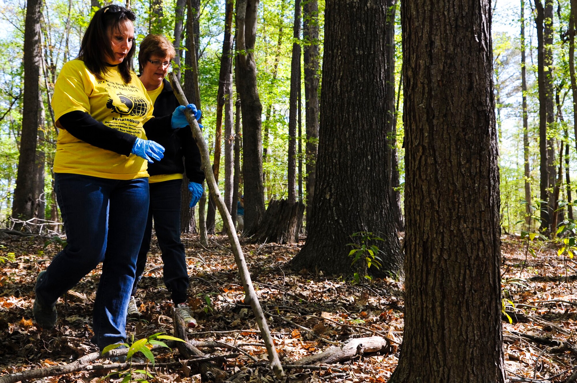 Kelly Etrata, Casualty Assistance benefits coordinator, and Gail Neff, 733rd Civil Engineer Division program analyst, look for box turtles during a survey expedition at Fort Eustis, Va., April 24, 2014. Box turtle surveys give 733rd CED environmental personnel a glimpse into the area’s ecosystem due to the turtles’ unique habitat needs. (U.S. Air Force photo by Senior Airman Austin Harvill/Released) 