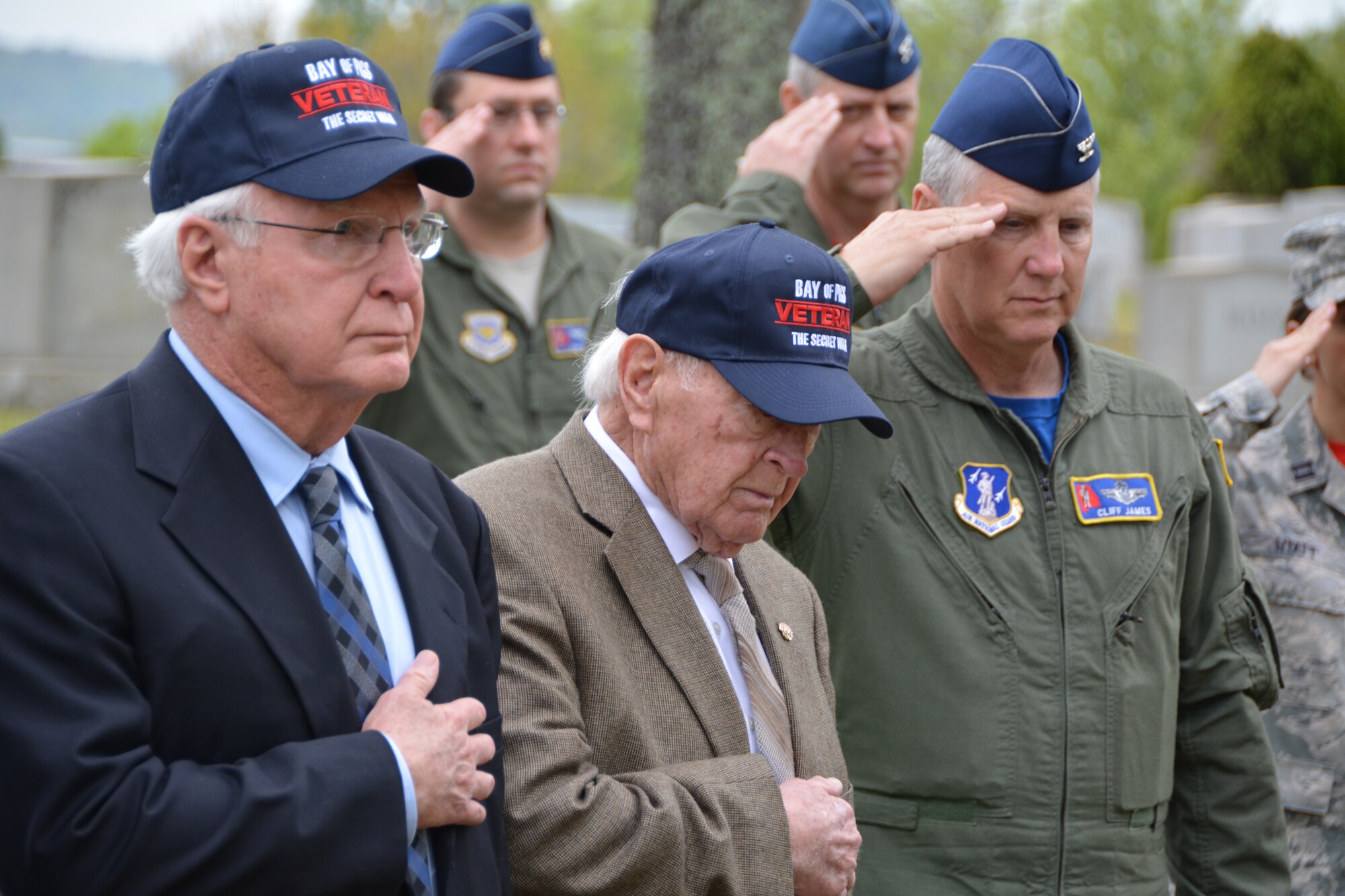 Retired members from the 117th Air Refueling Wing who participated in the Bay of Pigs invasion were present during a grave side wreath laying ceremony honoring Thomas Pete Ray. Ray was the only Alabama Airman who was killed during the invasion that was returned to the United States. Ray's grave site is located in Forest Cemetery overlooking the Birmingham Airport. (U.S. Air National Guard photo by First Lieutenant Jonathan Russell/Released)