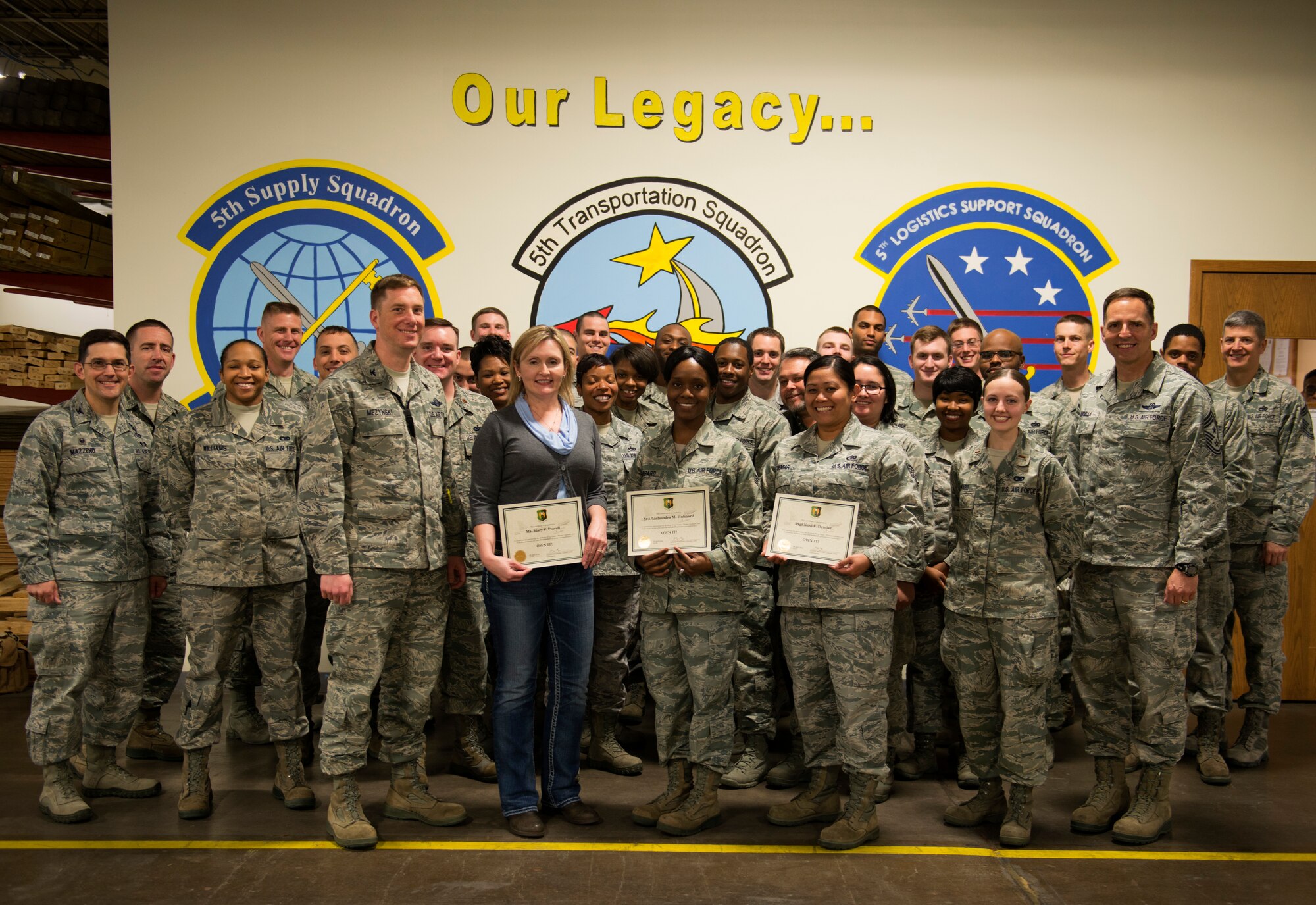 Surface Freight Section, 5th Logistics Readiness Squadron, 5th Mission Support Group, has epitomized the 5 BW/CC’s vision of mission ownership.  This 3-person team collectively executed the surface movement of all cargo going to Ellsworth AFB, SD in support of the runway closure, ensuring minimal downtime for the 5 BW B-52 mission.  Their scheduling, planning, teamwork, and persistence led to 29 flatbed trailers being loaded in less than three weeks, surpassing the original timeline by over three weeks.  They orchestrated the movement of 119 aircraft maintenance assets weighing over 541,000 pounds without incident.  This included one truck with 41 classified pieces, eight specialized trucks with over-dimensional assets, and 16 trucks with 31 hazardous material assets; all of which require continuous and assertive coordination as we compete with the oil market for commercial transportation services.  The Surface Freight Section displayed their professionalism and dedication to “Owning It” during this time. (U.S. Air Force photo/Airman 1st Class Sahara L. Fales)