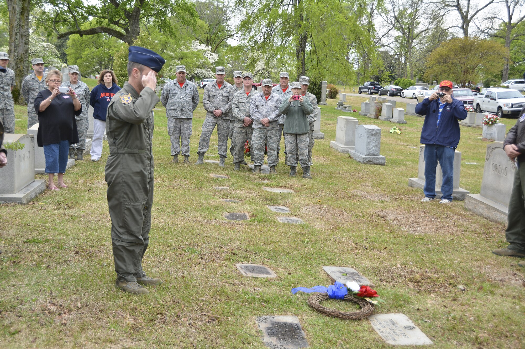 Retired members from the 117th Air Refueling Wing who participated in the Bay of Pigs invasion were present during a grave side wreath laying ceremony honoring Thomas Pete Ray. Ray was the only Alabama Airman who was killed during the invasion that was returned to the United States. Ray's grave site is located in Forest Cemetery overlooking the Birmingham Airport. (U.S. Air National Guard photo by Master Sgt. Ken Johnson/Released)