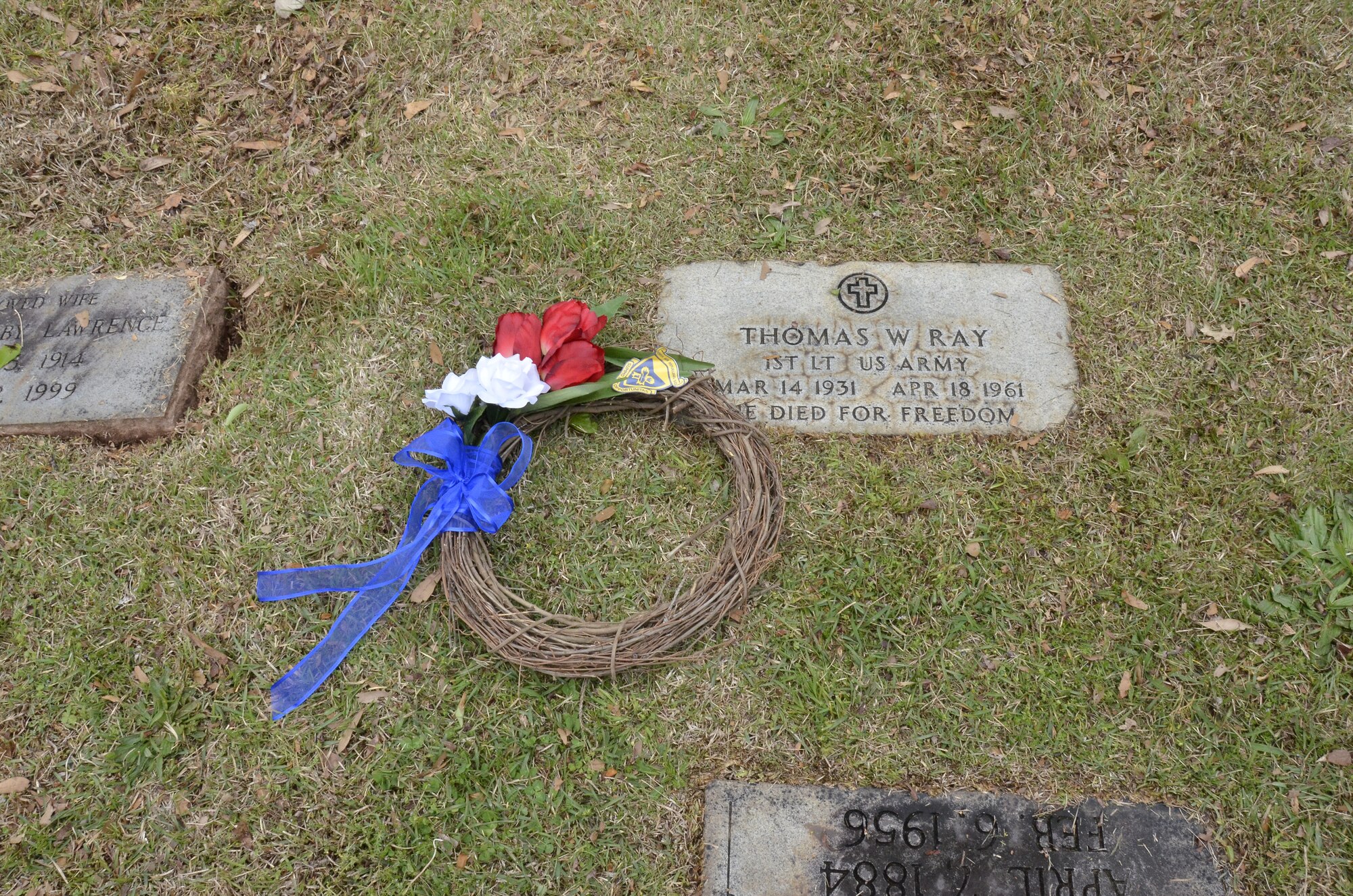 Retired members from the 117th Air Refueling Wing who participated in the Bay of Pigs invasion were present during a grave side wreath laying ceremony honoring Thomas Pete Ray. Ray was the only Alabama Airman who was killed during the invasion that was returned to the United States. Ray's grave site is located in Forest Cemetery overlooking the Birmingham Airport. (U.S. Air National Guard photo by Master Sgt. Ken Johnson/Released)