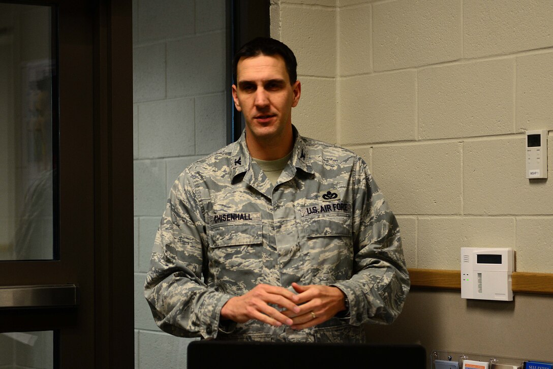 U.S. Air Force Col. David Chisenhall, 633rd Mission Support Group commander, speaks during the ribbon cutting ceremony for the Child Development Center Annex at Langley Air Force Base, Va., April 28, 2014. Chisenhall remarked about the high quality of care provided to the children of Joint Base Langley-Eustis, and the importance of the responsible protection of children and families. (U.S. Air Force photo by Airman 1st Class Kimberly Nagle/Released)