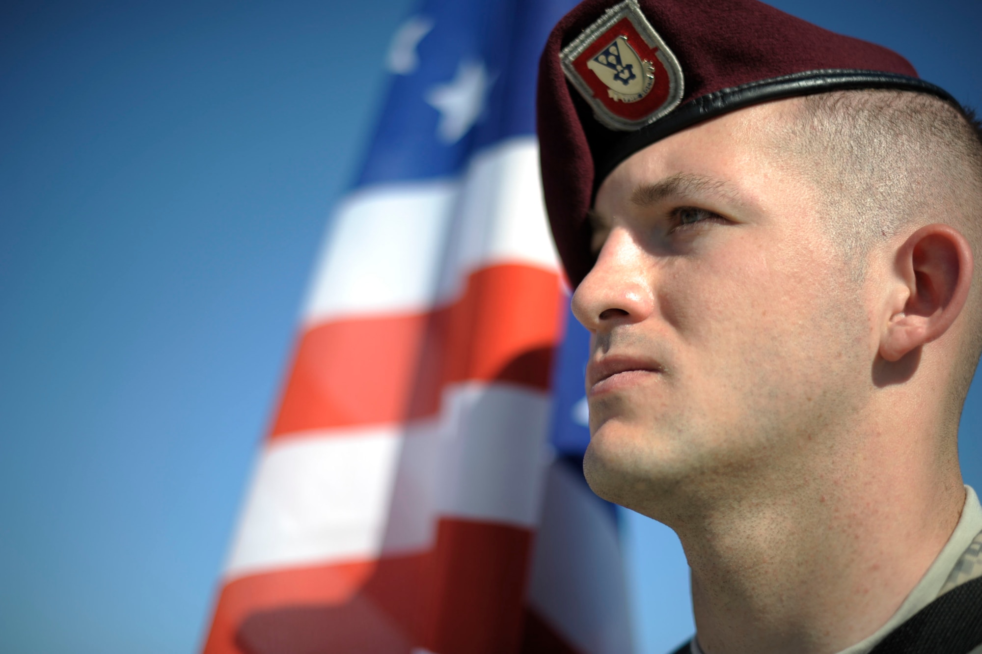U.S. Army Sgt. Matthew Henry, a paratrooper from the 173rd Infantry Brigade Combat Team (Airborne) stands in formation during a welcome ceremony at Siauliai air base, Lithuania, April 26, 2014. Airmen from the 37th Airlift Squadron transported 150 paratroopers from Aviano Air Base, Italy to Lithuania at the request of the host nations in the region and to further demonstrate U.S. commitment to NATO. (U.S. Air Force photo/Staff Sgt. Sara Keller)