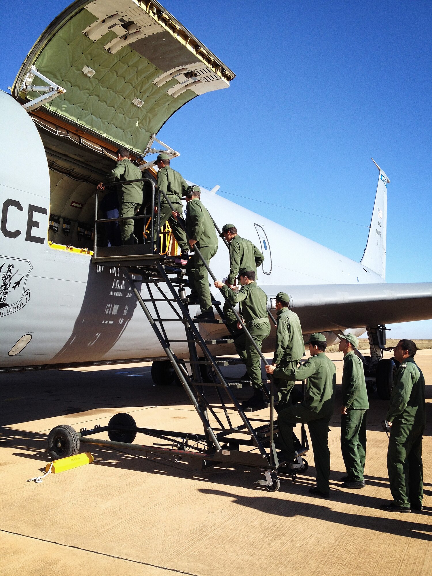 Moroccan air force personnel tour a KC-135 Stratotanker from the 191st Air Refueling Squadron based out of Salt Lake City, Utah during the 2014 Aeroexpo Marrakech Trade Show in Morocco April 21. The U.S. Air Force sent a C-130J Super Hercules from the 37th Airlift Squadron based out of Ramstein Air Base, Germany and a KC-135 Stratotanker to showcase air assets that are critical to the success of current and future multinational military operations in Africa. (U.S. Air Force photo/ Col. Pierre Oury)