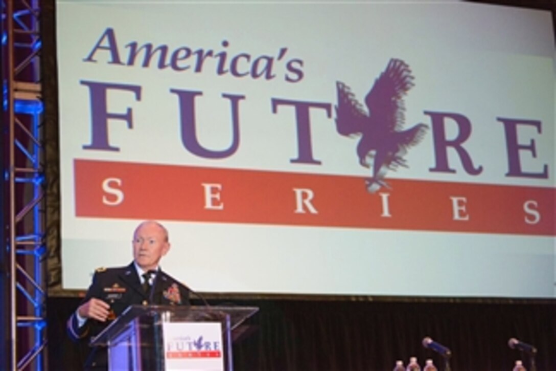 Army Gen. Martin E. Dempsey, chairman of the Joint Chiefs of Staff, delivers remarks during a military symposium for America’s Future Series in Dallas, April 25, 2014. The organization aims to honor the military, give back to charity and collaborate to improve the nation’s future.