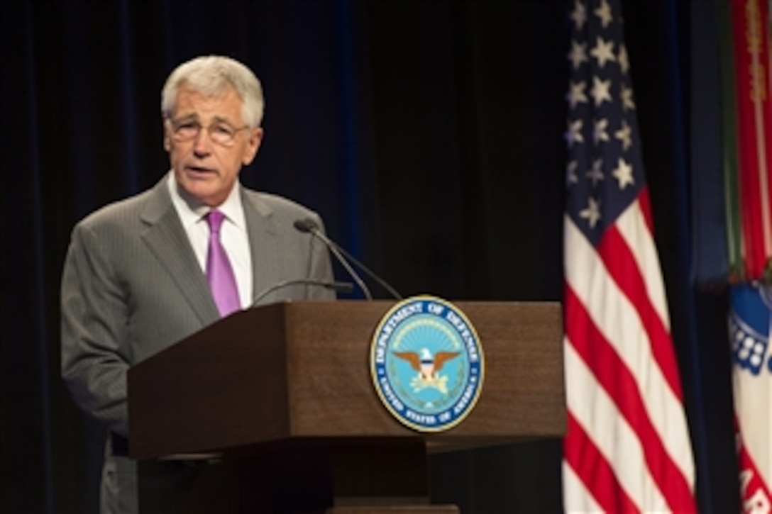 Defense Secretary Chuck Hagel speaks at the Defense Department's signing ceremony for the Human Goals Charter at the Pentagon April 28, 2014.