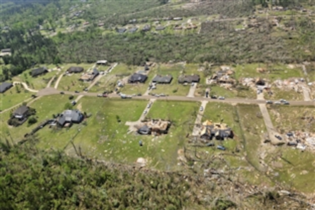 An aerial view shows tornado damage in Louisville, Miss., April 29, 2014, where about 50 Mississippi Guardsmen responded to help in that area. Guard missions include traffic control, patrolling and assisting local law enforcement officers as needed.

