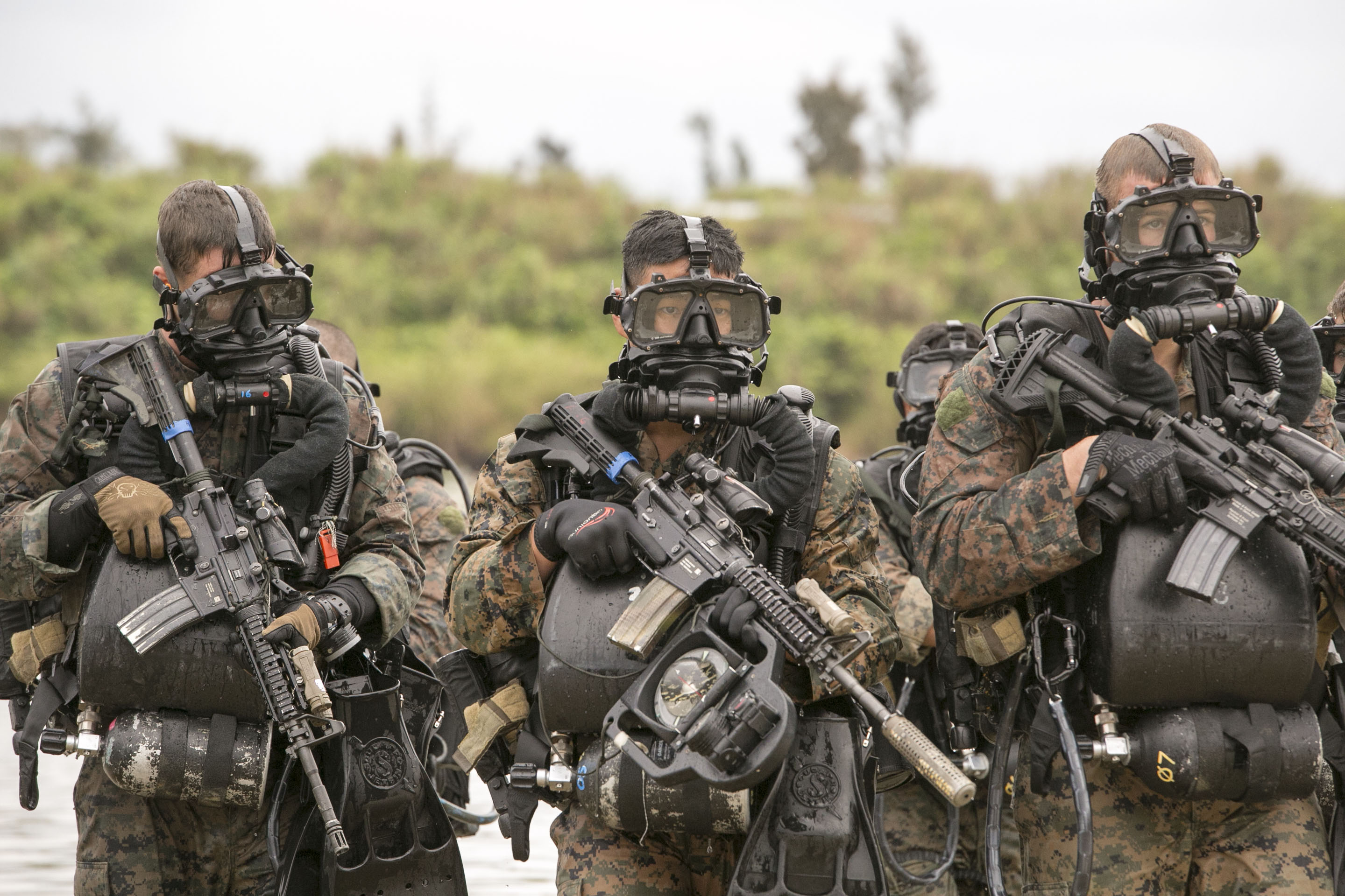 Marines dive toward objective during beach reconnaissance training