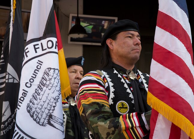 The Seminole Tribe of Florida Color Guardsmen await to present the colors during a welcoming party for participants of Fleet Week Port Everglades 2014 from South Florida local community leaders at the Seminole Hard Rock Hotel and Casino in Fort Lauderdale, Fla., April 28. Approximately 120 Marines from 2nd Assault Amphibian Battalion, 2nd Battalion, 6th Marine Regiment, 2nd Marine Division, Marine Corps Base Camp Lejeune, N.C., and Marine Light Attack Helicopter Squadron (HMLA) 269, Marine Corps Air Station New River, N.C., embarked aboard the USS New York (LPD 21) and are participating in the 24th Annual Fleet Week in Port Everglades; South Florida’s annual celebration of maritime forces. (U.S. Marine Corps photo by Sgt. Alicia R. Leaders/Released)