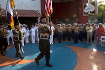U.S. Marines and Sailors salute as the Seminole Tribe of Florida Color Guardsmen march to the colors during a welcoming party for participants of Fleet Week Port Everglades 2014 from South Florida local community leaders at the Seminole Hard Rock Hotel and Casino in Fort Lauderdale, Fla., April 28. Approximately 120 Marines from 2nd Assault Amphibian Battalion, 2nd Battalion, 6th Marine Regiment, 2nd Marine Division, Marine Corps Base Camp Lejeune, N.C., and Marine Light Attack Helicopter Squadron (HMLA) 269, Marine Corps Air Station New River, N.C., embarked aboard the USS New York (LPD 21) and are participating in the 24th Annual Fleet Week in Port Everglades; South Florida’s annual celebration of maritime forces. (U.S. Marine Corps photo by Sgt. Alicia R. Leaders/Released)