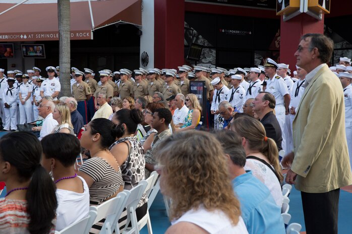 Local Floridians, U.S. Marines, Sailors and Coast Guardsmen gather at the welcoming party for participants of Fleet Week Port Everglades 2014 from South Floridian local community leaders at the Seminole Hard Rock Hotel and Casino in Fort Lauderdale, Fla., April 28. Approximately 120 Marines from 2nd Assault Amphibian Battalion, 2nd Battalion, 6th Marine Regiment, 2nd Marine Division, Marine Corps Base Camp Lejeune, N.C., and Marine Light Attack Helicopter Squadron (HMLA) 269, Marine Corps Air Station New River, N.C., embarked aboard the USS New York (LPD 21) and are participating in the 24th Annual Fleet Week in Port Everglades; South Florida’s annual celebration of maritime forces. (U.S. Marine Corps photo by Sgt. Alicia R. Leaders/Released)