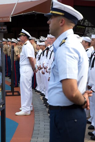 U.S. Coast Guardsmen, Sailors and Marines gather at the welcoming party for participants of Fleet Week Port Everglades 2014 from South Floridian local community leaders at the Seminole Hard Rock Hotel and Casino in Fort Lauderdale, Fla., April 28. Approximately 120 Marines from 2nd Assault Amphibian Battalion, 2nd Battalion, 6th Marine Regiment, 2nd Marine Division, Marine Corps Base Camp Lejeune, N.C., and Marine Light Attack Helicopter Squadron (HMLA) 269, Marine Corps Air Station New River, N.C., embarked aboard the USS New York (LPD 21) and are participating in the 24th Annual Fleet Week in Port Everglades; South Florida’s annual celebration of maritime forces. (U.S. Marine Corps photo by Sgt. Alicia R. Leaders/Released)