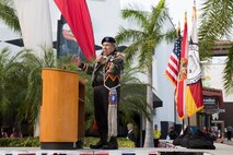 Steven Bower, president of the Florida Seminole Indian Veterans Club, welcomes and thanks the U.S. Marines, Sailors and Coast Guardsmen for their service during the welcoming party for participants of Fleet Week Port Everglades 2014 from South Floridian local community leaders at the Seminole Hard Rock Hotel and Casino in Fort Lauderdale, Fla., April 28. Approximately 120 Marines from 2nd Assault Amphibian Battalion, 2nd Battalion, 6th Marine Regiment, 2nd Marine Division, Marine Corps Base Camp Lejeune, N.C., and Marine Light Attack Helicopter Squadron (HMLA) 269, Marine Corps Air Station New River, N.C., embarked aboard the USS New York (LPD 21) and are participating in the 24th Annual Fleet Week in Port Everglades; South Florida’s annual celebration of maritime forces. (U.S. Marine Corps photo by Sgt. Alicia R. Leaders/Released)