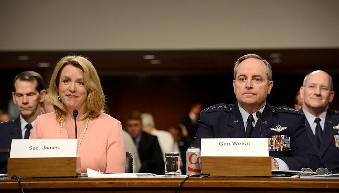Secretary of the Air Force Deborah Lee James and Air Force Chief of Staff Gen. Mark A. Welsh III present the structure of the Air Force to the Senate Arms Services Committee April 29, 2014, in Washington, D.C.  James and Welsh said the Air Force's future will more fully incorporate personnel from the Reserves and National Guard.  (U.S. Air Force photo/Scott M. Ash)