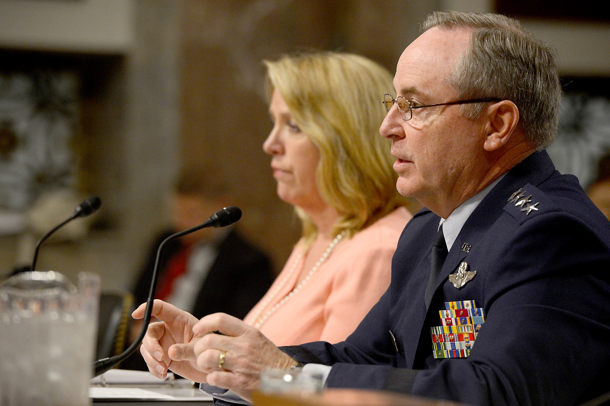 Air Force Chief of Staff Gen. Mark A. Welsh III and Secretary of the Air Force Deborah Lee James present the structure of the Air Force to the Senate Arms Services Committee April 29, 2014, in Washington, D.C.  James and Welsh said the Air Force's future will more fully incorporate personnel from the Reserves and National Guard.  (U.S. Air Force photo/Scott M. Ash)