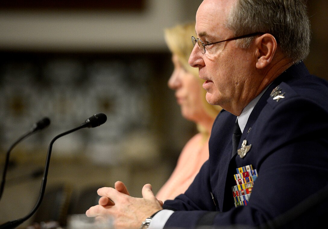 Air Force Chief of Staff Gen. Mark A. Welsh III and Secretary of the Air Force Deborah Lee James present the structure of the Air Force to the Senate Arms Services Committee April 29, 2014, in Washington, D.C.  James and Welsh said the Air Force's future will more fully incorporate personnel from the Reserves and National Guard.  (U.S. Air Force photo/Scott M. Ash)