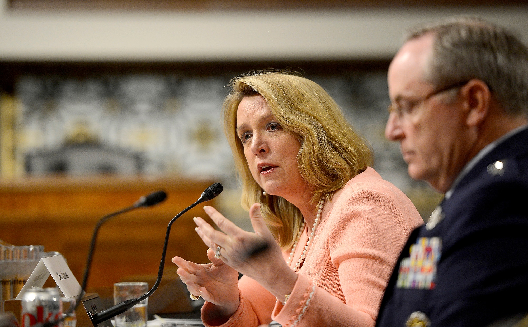 Secretary of the Air Force Deborah Lee James and Air Force Chief of Staff Gen. Mark A. Welsh III present the structure of the Air Force to the Senate Arms Services Committee April 29, 2014, in Washington, D.C.  James and Welsh said the Air Force's future will more fully incorporate personnel from the Reserves and National Guard.  (U.S. Air Force photo/Scott M. Ash)