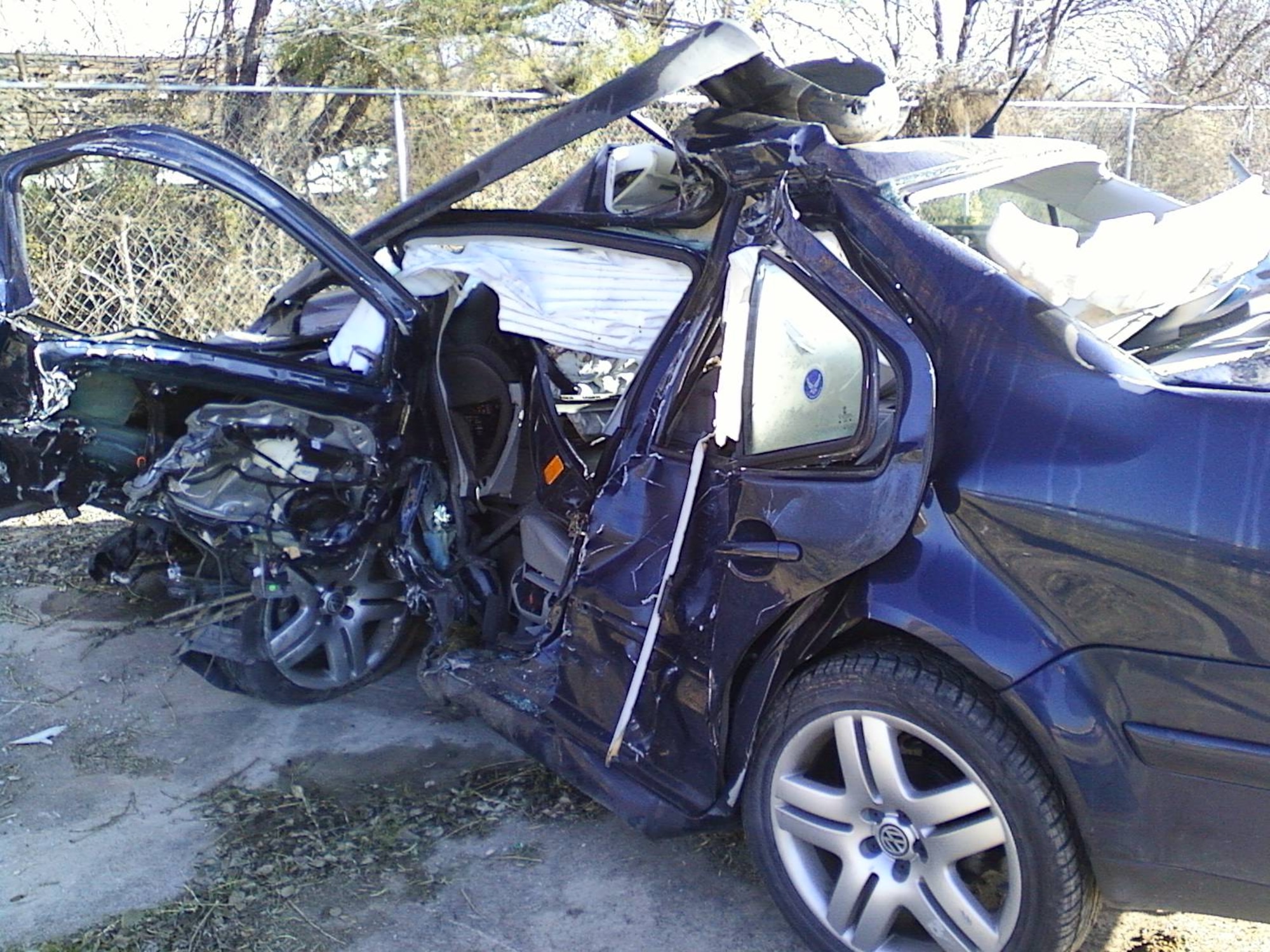 The smashed remnants of 1st Lt. Laura Jones's car that was hit at 75 mph Jan. 2, 2014 east of Uvalde, Texas. Jones is a 85th Flying Training Squadron T-6 Texan II instructor pilot. (Courtesy Photo)