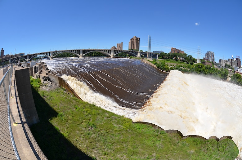 Mississippi River flows at 40,000 cubic feet per second, or cfs, over the spillway at Upper St. Anthony Falls Lock and Dam, June 27, 2013.