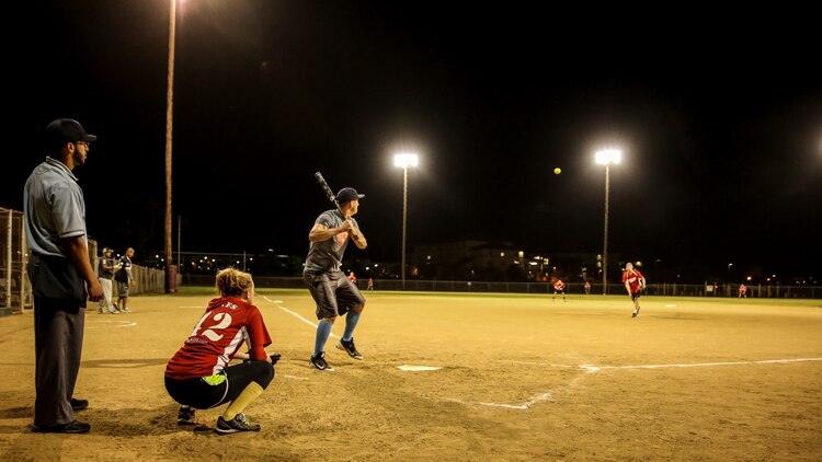 Sergeant Kristopher Golden, radio chief, 15th Marine Expeditionary Unit, waits for his pitch during a softball game aboard Camp Pendleton, Calif., April 23, 2014. Golden, 27, is from Lacey, Wash.