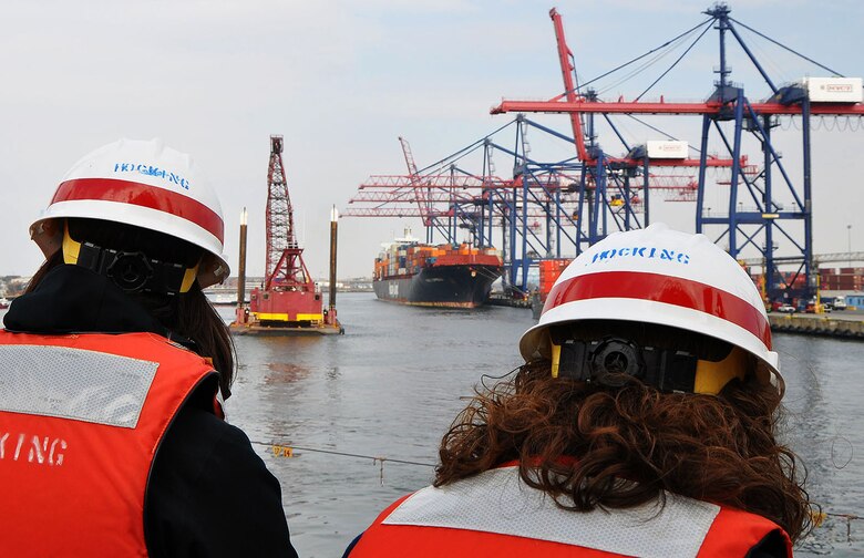 U.S. Army Corps of Engineers personnel observe shipping lane deepening being performed in the Arthur Kill Channel between the New York Container Terminal, Staten Island, New York and Elizabeth, New Jersey.  Drilling and underwater blasting in the Arthur Kill Channel was completed on this contract during the last week in April 2014. 