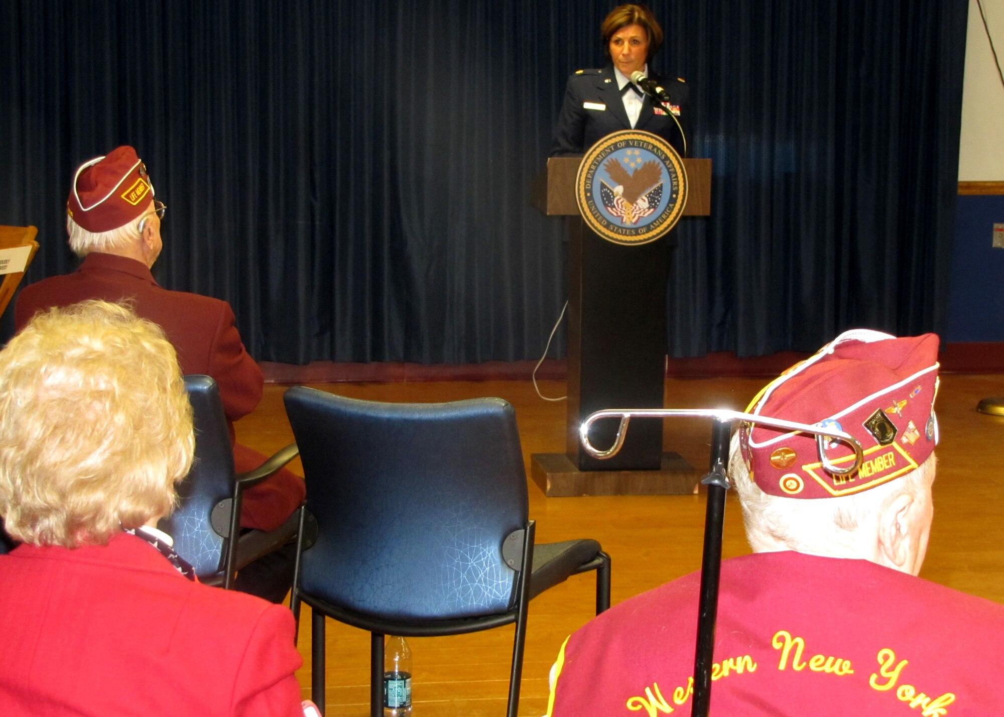 Maj. Andrea Pitruzzella, 914th Airlift Wing Chief of Public Affairs, gives the keynote address for POW/MIA Recognition Day at the Western New York VA facility in Buffalo N.Y. April 9, 2014.  (Courtesy Photo)