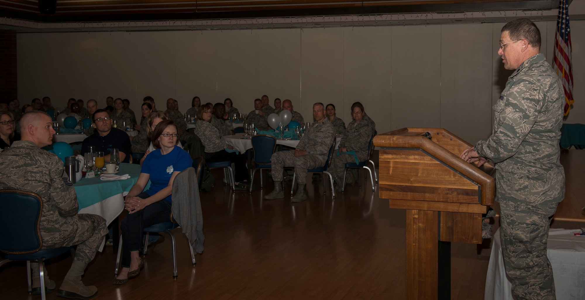 Chaplain (Lt. Col.) Patrick Genseal, 366th Fighter Wing, speaks to an audience at the Sexual Assault Prevention and Response breakfast at Mountain Home Air Force Base, Idaho April 23, 2014. If Airmen have been sexually assaulted, they should call 208 828-7272 to receive help. (U.S. Air Force photo by Airman 1st Class Malissa Lott/RELEASED)