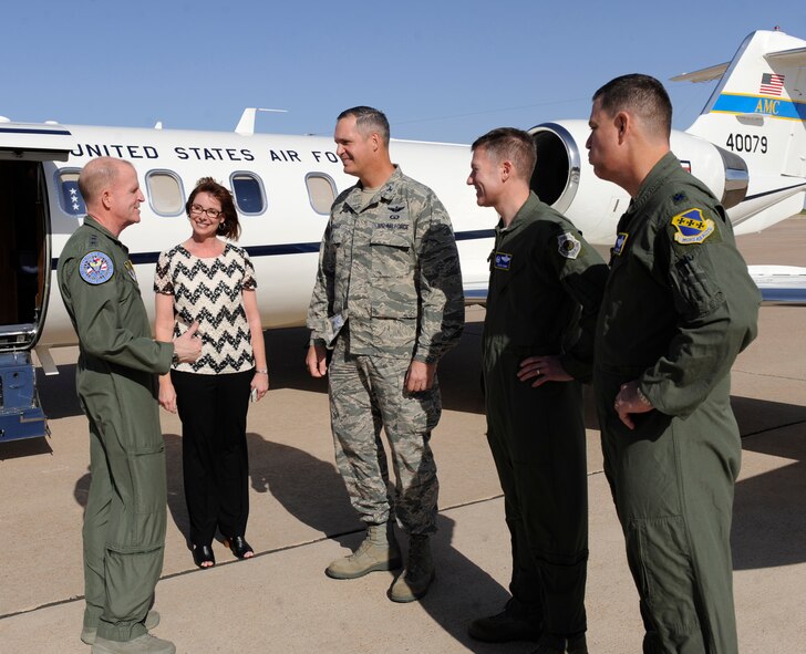 U.S. Air Force Lt. Gen. Stephen Wilson, Air Force Global Strike Command commander, is greeted by Col. Steven Beasley, 7th Bomb Wing vice commander, April 25, 2014, at Dyess Air Force Base, Texas. Wilson visited Dyess to speak with students from the 77th Weapons Squadron and view the newly upgraded B-1B Lancer. (U.S. Air Force photo by Airman 1st Class Alexander Guerrero/Released)