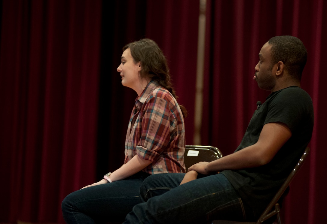 A skit called “Sex Signals” took place in the theater at Sheppard Air Force Base, Texas April 25. The skit was meant to raise public support for Sexual Assault Awareness Month. (U.S. Air Force photos by Airman 1st Class Jelani Gibson) 
