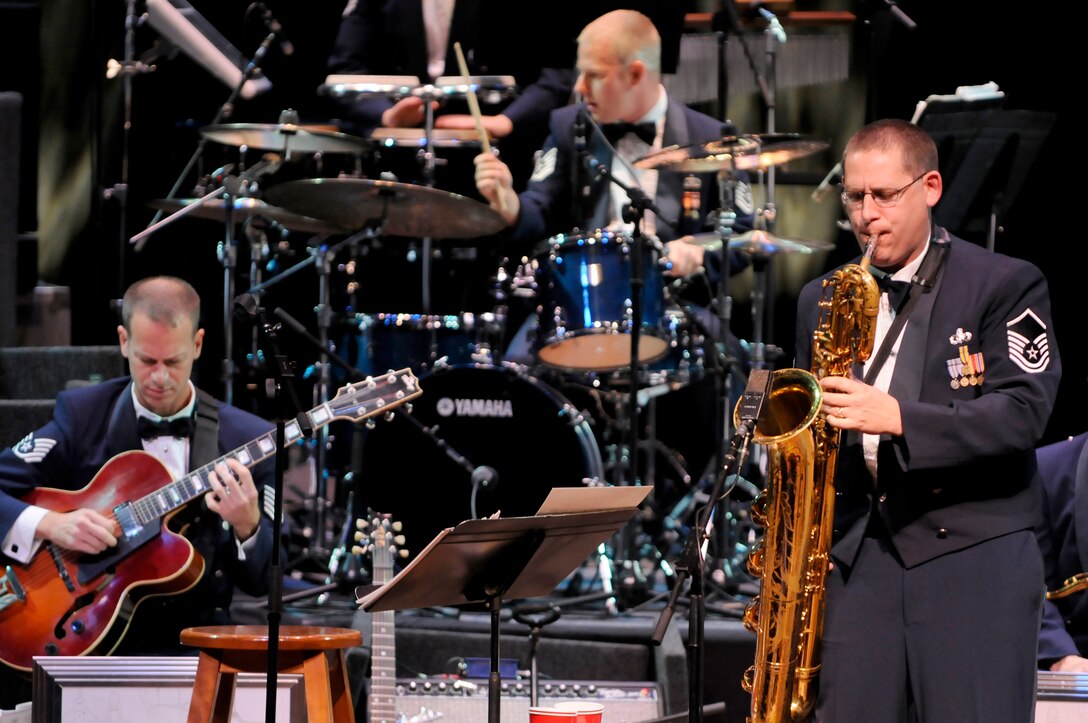 The Airmen of Note will perform at the Jacksonville Jazz Fest and the Atlanta Jazz Festival on Memorial Day weekend. Pictured here:  Master Sgt. Doug Morgan (bari sax), Technical Sgt. Geoffrey Reecer on guitar, and Technical Sgt. Dave McDonald (drums). (U.S. Air Force photo/released)